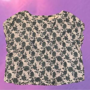 Cynthia Rowley Blue Green White Floral Linen Top Size L